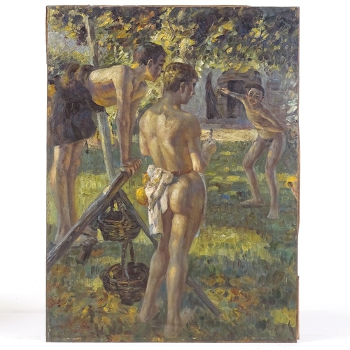 1265 - Modern oil on board, boys in an orchard, 22.5