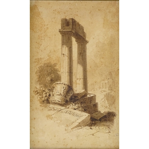 1276 - 18th/19th century sepia watercolour, Classical ruins, unsigned, 8.5