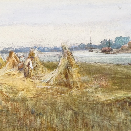 1277 - 19th century watercolour, haymaking on a riverbank, unsigned, 7