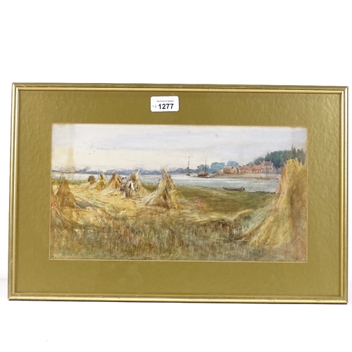 1277 - 19th century watercolour, haymaking on a riverbank, unsigned, 7