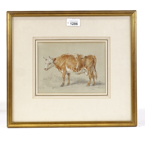 1286 - 3 19th century watercolours, cattle studies, 1 signed with monogram, framed (3)