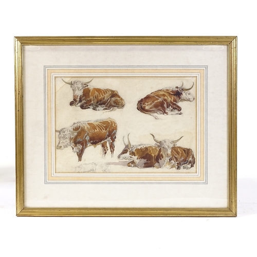 1286 - 3 19th century watercolours, cattle studies, 1 signed with monogram, framed (3)