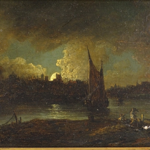 1287 - 19th century oil on wood panel, moonlit river scene, unsigned, 5