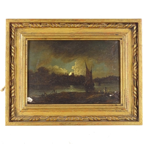 1287 - 19th century oil on wood panel, moonlit river scene, unsigned, 5