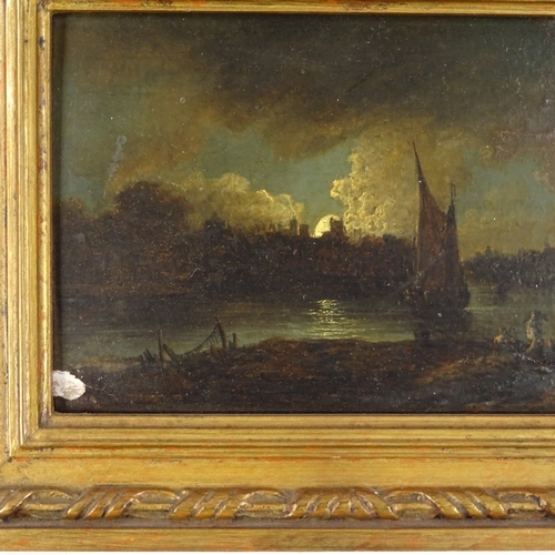 1287 - 19th century oil on wood panel, moonlit river scene, unsigned, 5