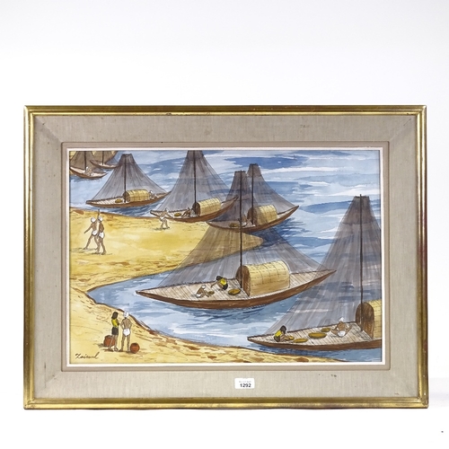 1292 - Indian School, watercolour, fishing village scene, indistinctly signed Zaimul, 17