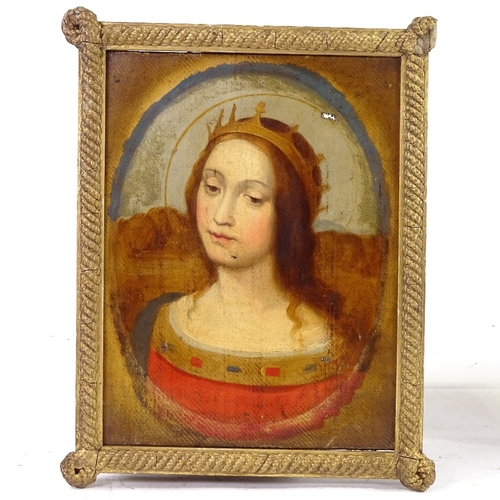 1294 - 19th century oil on canvas, portrait of woman wearing a crown, unsigned, 11.5