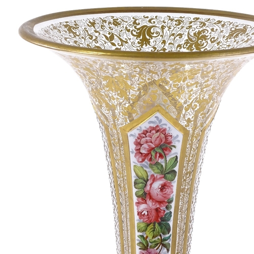 211 - A large 19th century Bohemian overlay glass table centre trumpet epergne, with floral painted panels... 