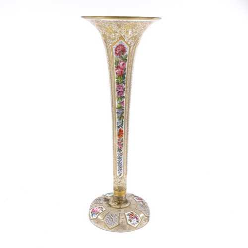 211 - A large 19th century Bohemian overlay glass table centre trumpet epergne, with floral painted panels... 