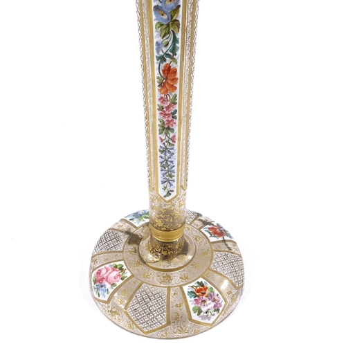 211 - A large 19th century Bohemian overlay glass table centre trumpet epergne, with floral painted panels... 