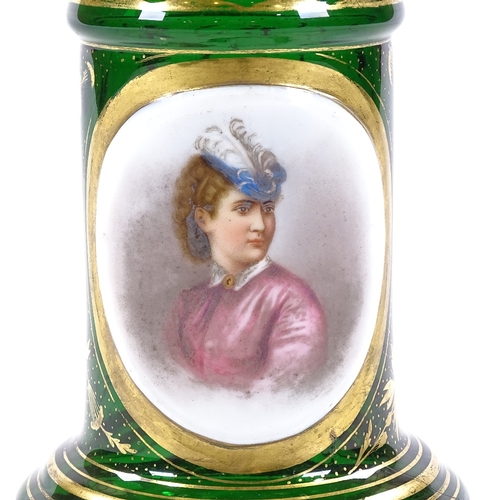 212 - A 19th century Bohemian green glass tazza with painted portrait panel, diameter 19cm, height 25cm, c... 