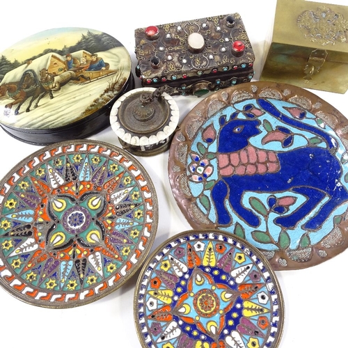 220 - A group of Russian enamel dishes, a lacquer box with painted Troika scene lid, metal jewel boxes etc