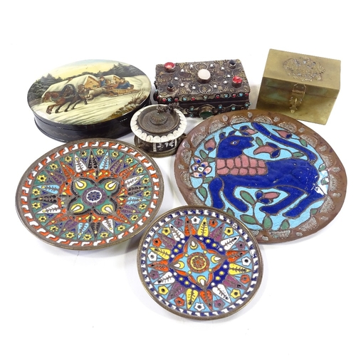 220 - A group of Russian enamel dishes, a lacquer box with painted Troika scene lid, metal jewel boxes etc