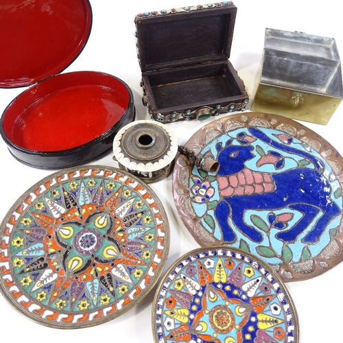 220 - A group of Russian enamel dishes, a lacquer box with painted Troika scene lid, metal jewel boxes etc