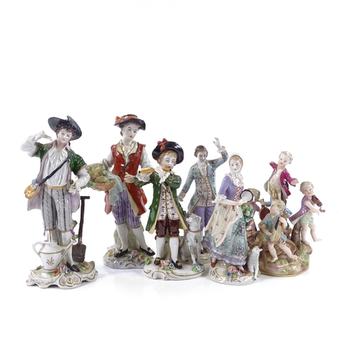 221 - 6 various Continental porcelain figures, including a Meissen musician group, height 15cm (A/F), and ... 