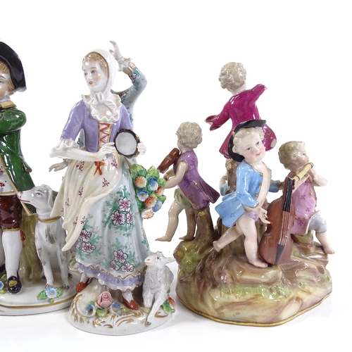 221 - 6 various Continental porcelain figures, including a Meissen musician group, height 15cm (A/F), and ... 