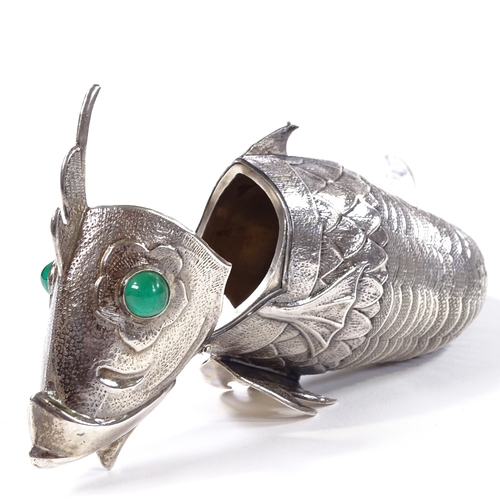 651 - A rare large Spanish silver articulated fish box, engine turned scales with relief embossed hinged h... 