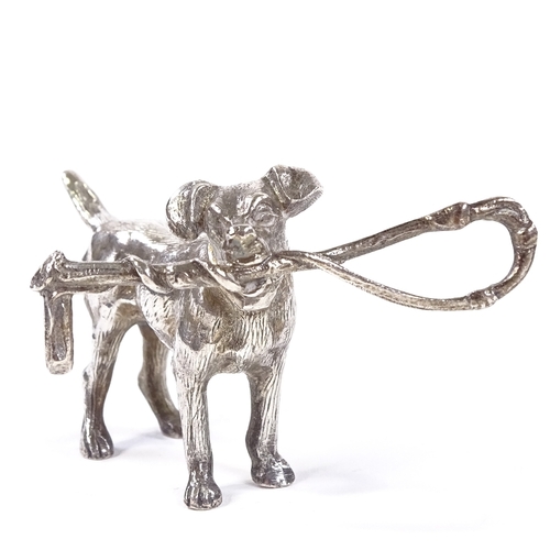 655 - An Edwardian Continental novelty miniature cast-silver model hunting pointer dog holding a riding cr... 