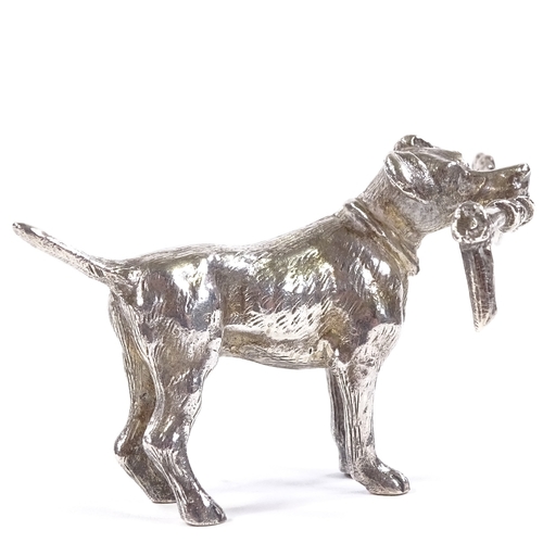 655 - An Edwardian Continental novelty miniature cast-silver model hunting pointer dog holding a riding cr... 