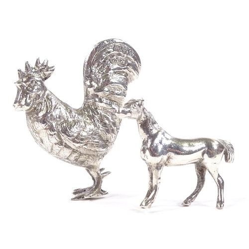 657 - An Edwardian novelty miniature cast-silver model cockerel, by Nathan & Hayes, hallmarks Chester 1903... 