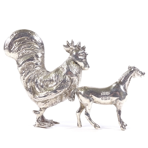 657 - An Edwardian novelty miniature cast-silver model cockerel, by Nathan & Hayes, hallmarks Chester 1903... 