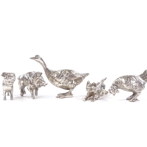 658 - A group of 5 Edwardian Continental novelty miniature cast-silver animals, including pug dog, warthog... 