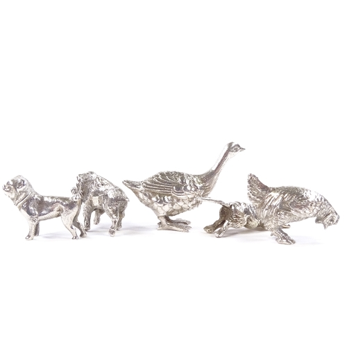 658 - A group of 5 Edwardian Continental novelty miniature cast-silver animals, including pug dog, warthog... 