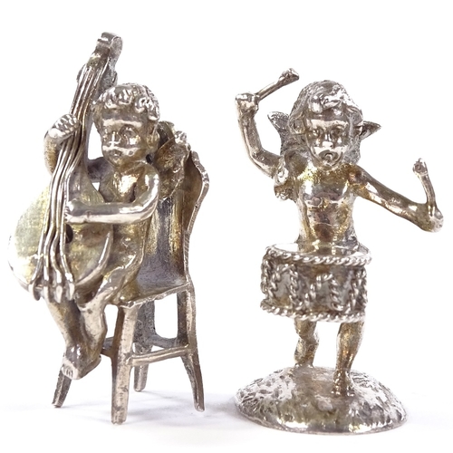 659 - 2 Edwardian Continental novelty miniature silver cherub musicians, comprising stringed and percussio... 