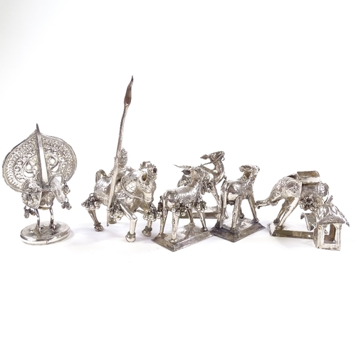 662 - A group of 6 Middle Eastern unmarked white metal animal figures, including elephant, peacock and kni... 