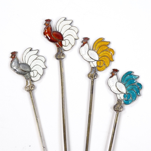 668 - A set of 4 Bernard Meldahl Norwegian vermeil sterling silver and coloured enamel rooster hors d'oeuv... 