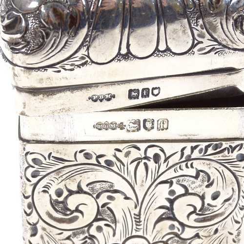 673 - An Edwardian rectangular silver dome-top tea caddy, relief embossed fluted and foliate decoration, g... 