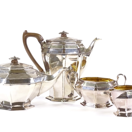 678 - An Art Nouveau 4-piece silver tea set, octagonal form with gilt interiors, comprising teapot, coffee... 