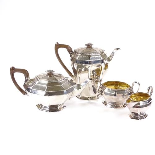 678 - An Art Nouveau 4-piece silver tea set, octagonal form with gilt interiors, comprising teapot, coffee... 