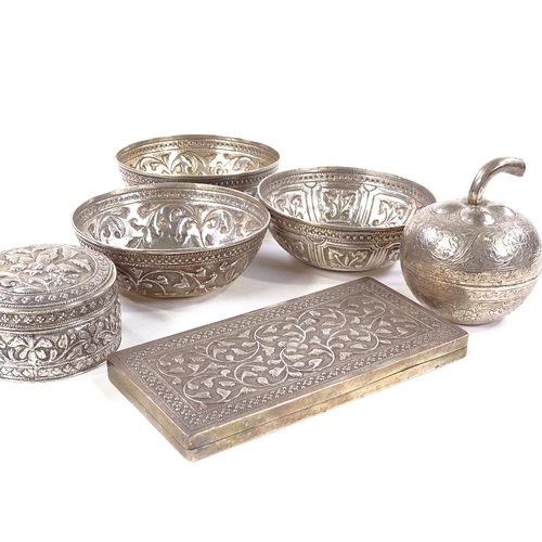 682 - A group of Eastern silver items, including rectangular box, pair of bowls etc, with relief embossed ... 