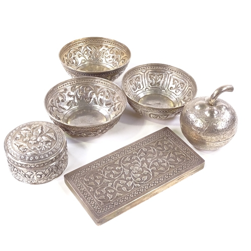 682 - A group of Eastern silver items, including rectangular box, pair of bowls etc, with relief embossed ... 