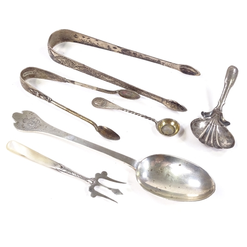 686 - Various silver flatware, including Trefid spoon by William Comyns, Georgian caddy spoon by John Bett... 