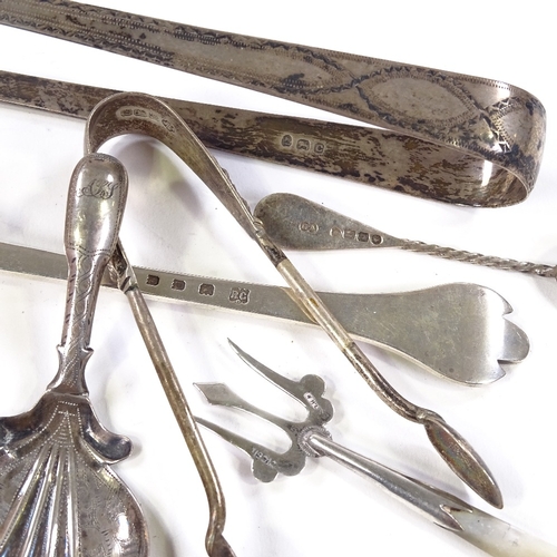 686 - Various silver flatware, including Trefid spoon by William Comyns, Georgian caddy spoon by John Bett... 