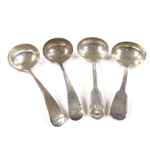 687 - 4 silver sauce ladles, comprising William IV Thread and Shell ladle, George III Fiddle ladle, and a ... 