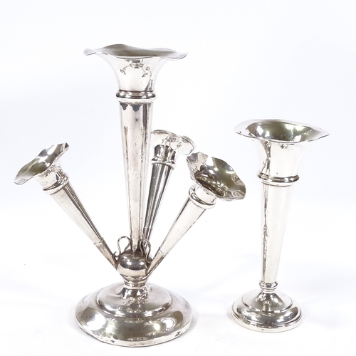 693 - A George V silver 4-branch posy epergne, with removable trumpet-shaped frilled-edge vases, indistinc... 