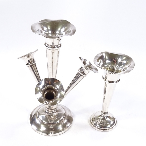 693 - A George V silver 4-branch posy epergne, with removable trumpet-shaped frilled-edge vases, indistinc... 