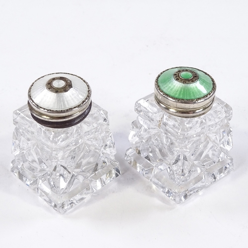 695 - A pair of Hroar Prydz Norwegian sterling silver coloured enamel and cut-glass cruets, engine turned ... 