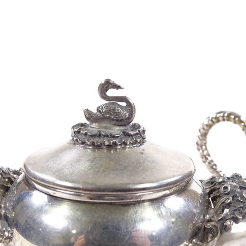 708 - An Italian silver cut-glass and silver-mounted preserve pot and dish, acorn finial with lion paw fee... 