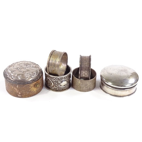 712 - Various silverware, including cherub embossed jewel box, napkin rings etc, 4.7oz weighable (6)