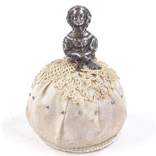 714 - A novelty silver-mounted crinoline lady pin cushion, by Saunders & Shepherd, hallmarks Birmingham 19... 