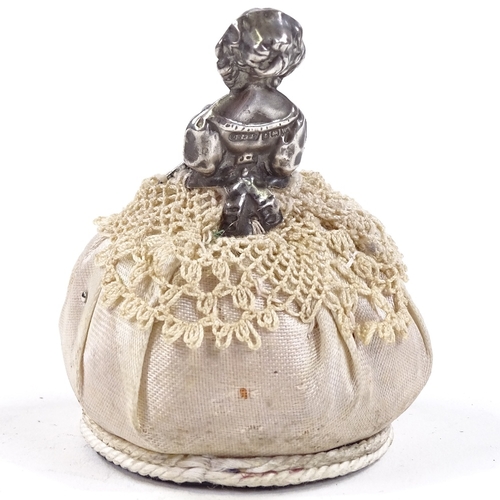 714 - A novelty silver-mounted crinoline lady pin cushion, by Saunders & Shepherd, hallmarks Birmingham 19... 