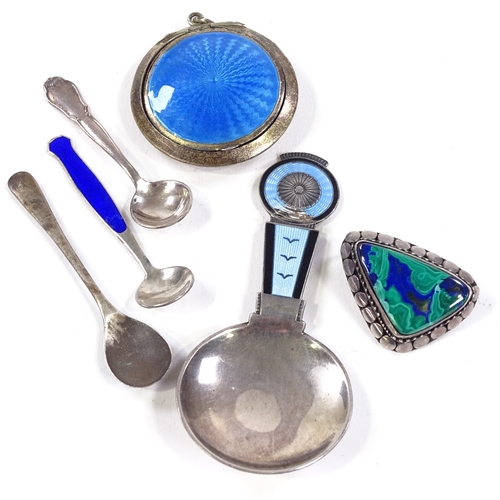 717 - An Aksel Holmsen Norne Norwegian sterling silver and enamel caddy spoon, silver and enamel compact, ... 