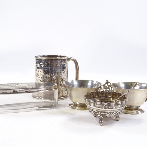 719 - Various silverware, comprising christening mug, pair of 2-handled salts, Eastern embossed salt and d... 