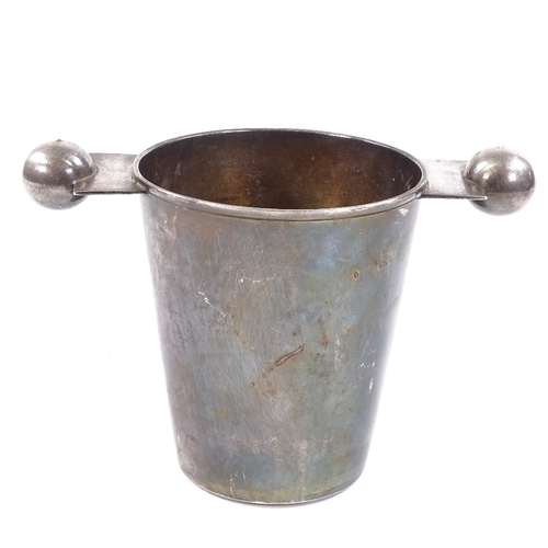 721 - An Art Deco silver plated ice bucket/wine cooler, tapering cylindrical form with ball handles, heigh... 