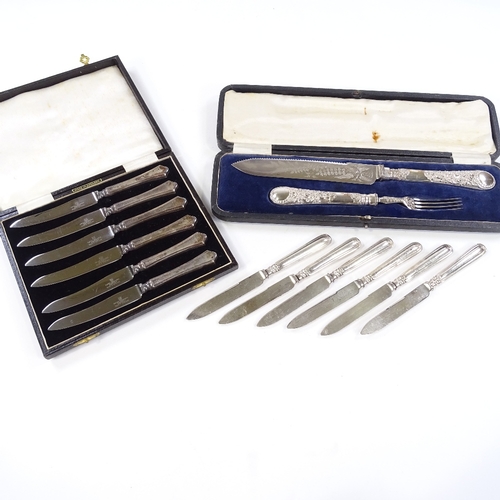 723 - 2 sets of 6 silver-handled fruit knives and a cased silver plated carving set (3)