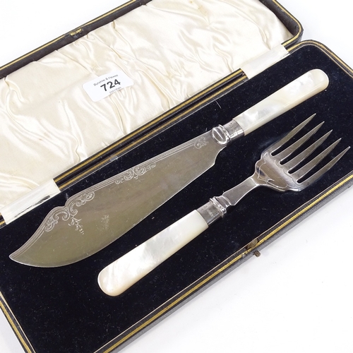 724 - A George V fish serving set, mother-of-pearl handles with silver necks, by C H Beatson, hallmarks Sh... 